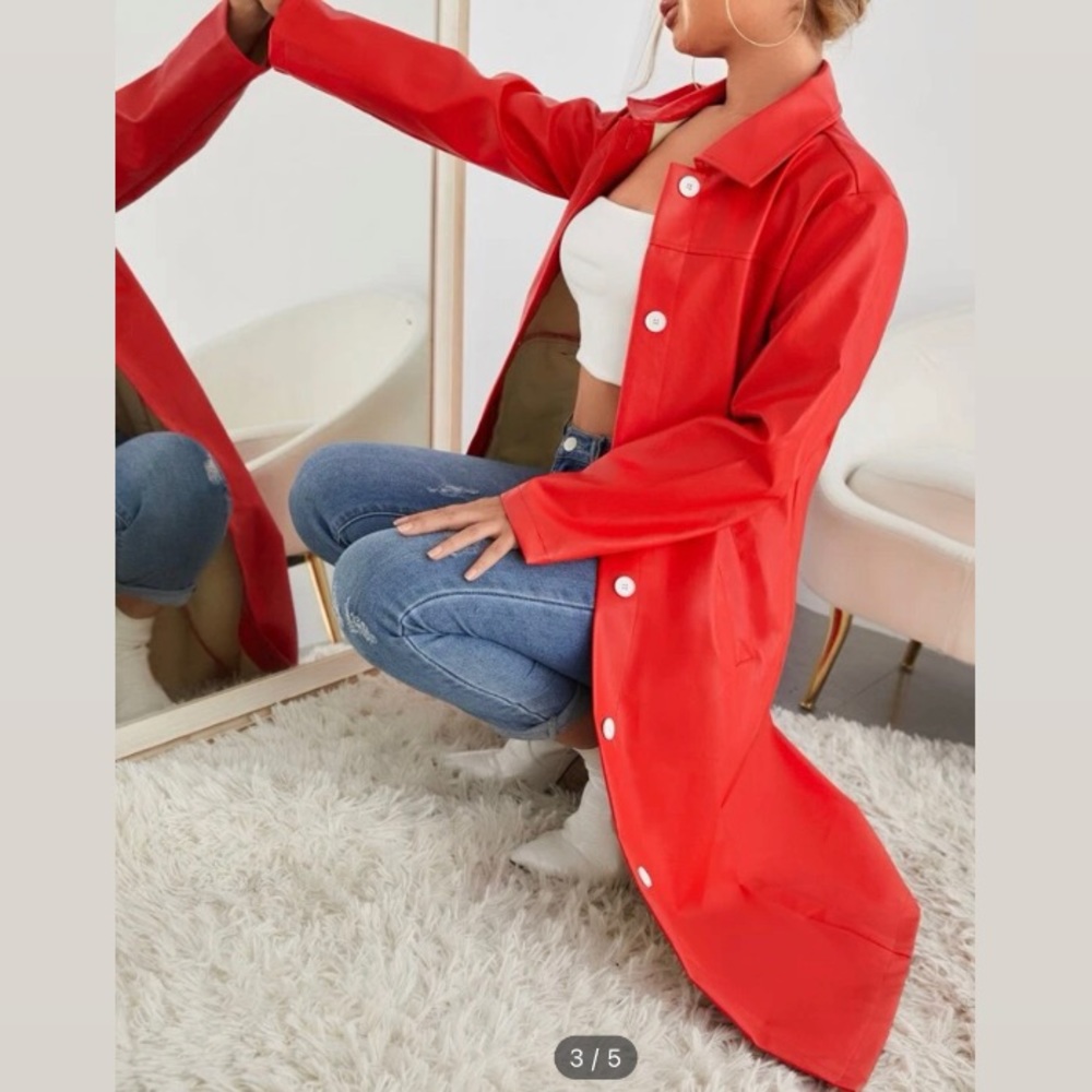Long red Faux leather coat